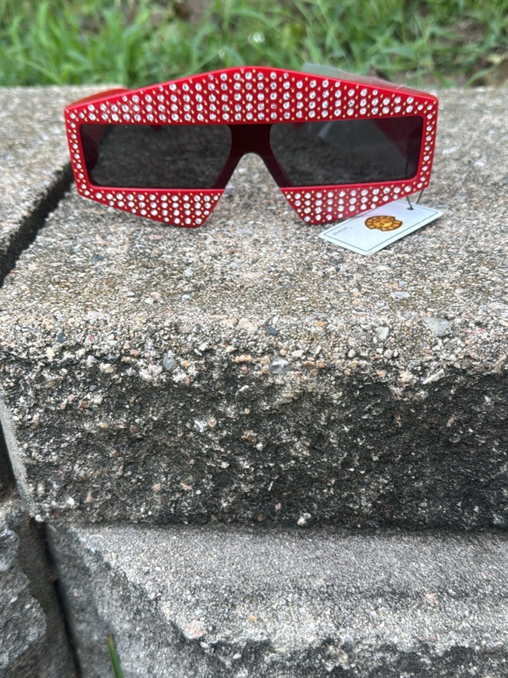 Red Rhinestone Shield Sunglasses - Statement Women's Accessory